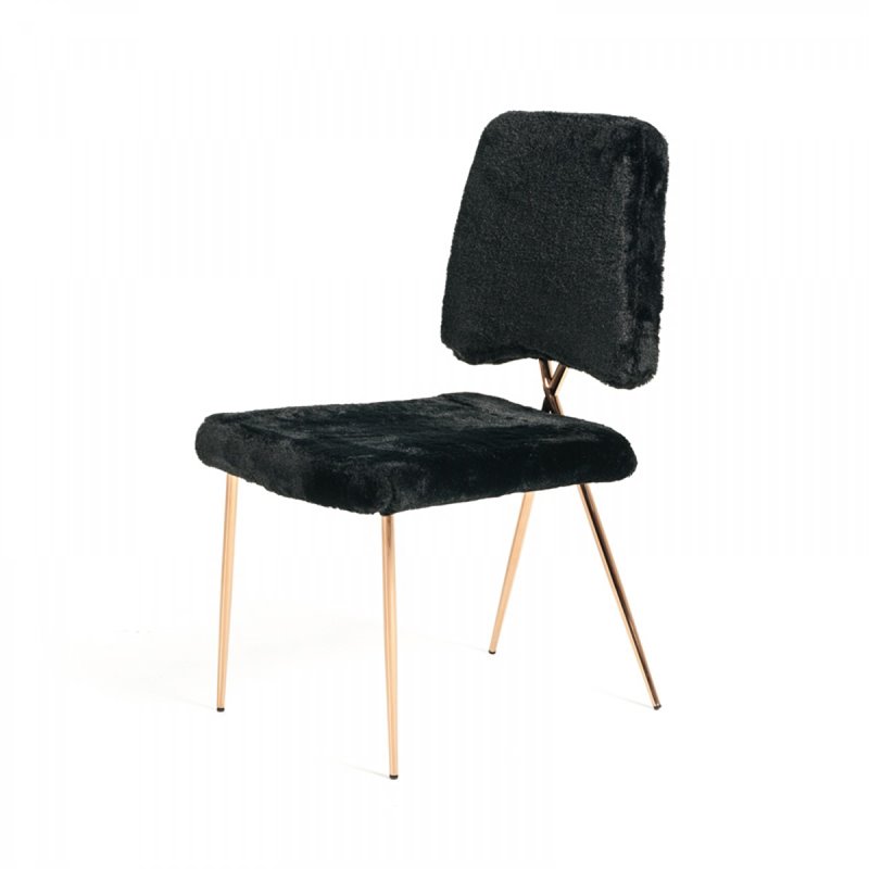 Pemberly Row Set of 2 Faux Fur Dining Chairs with Metal Legs in Black