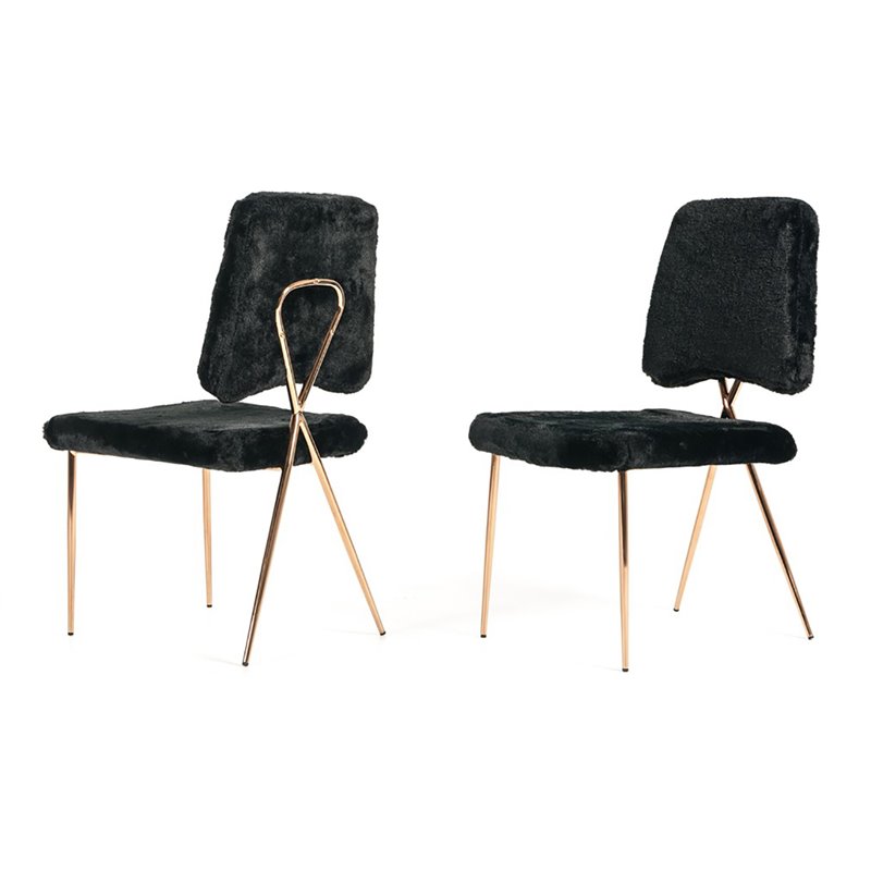 Pemberly Row Set of 2 Faux Fur Dining Chairs with Metal Legs in Black