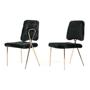 Pemberly Row Set of 2 Faux Fur Dining Chairs with Metal Legs in Black