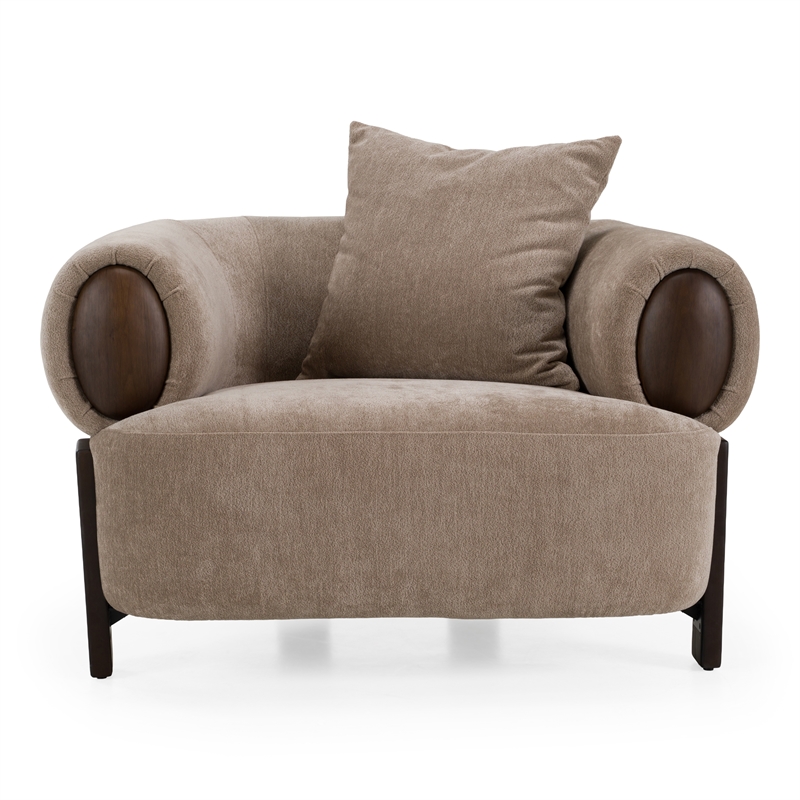 Pemberly Row Modern Tan Fabric Accent Chair with Oak Veneer Accents