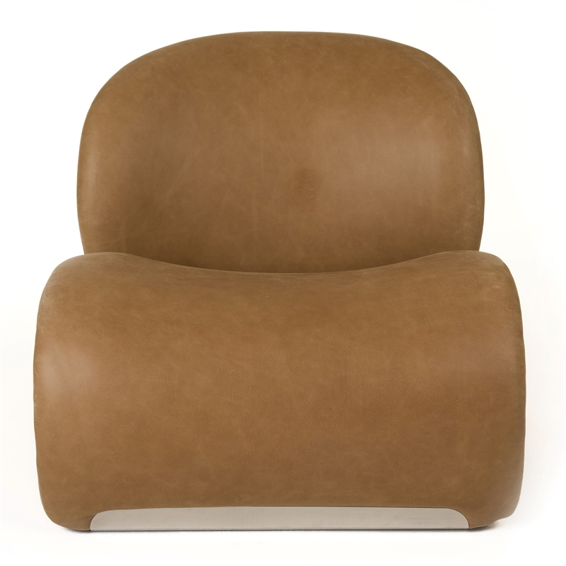 Pemberly Row Modern Brown Leather Accent Chair with Ash Wood Frame