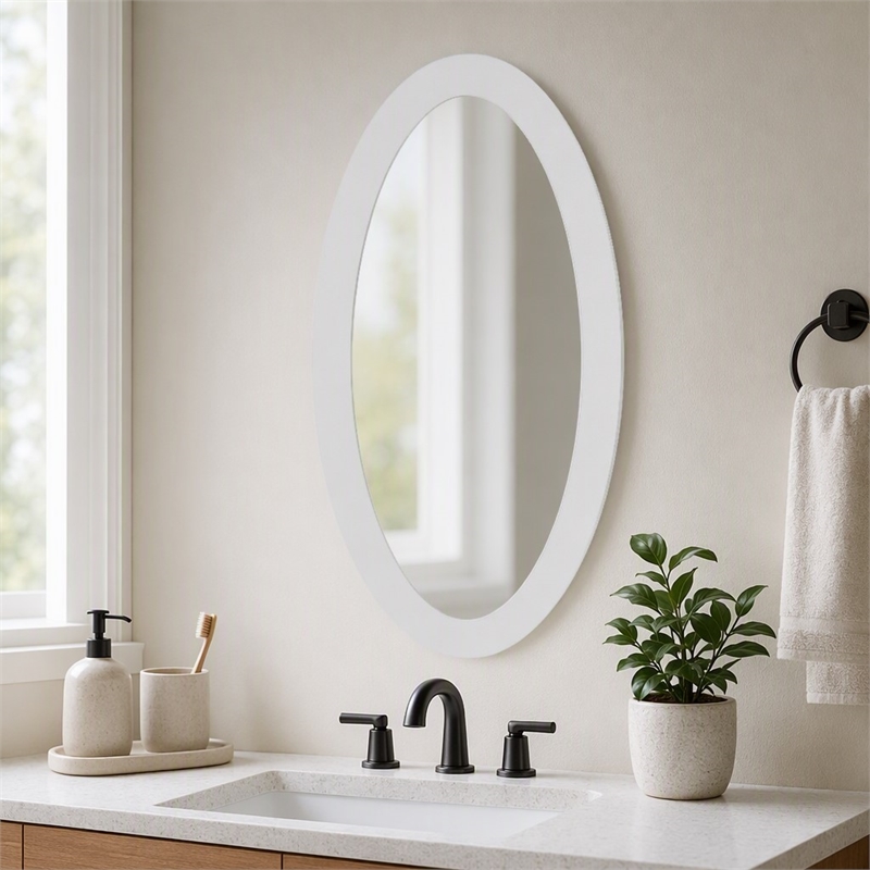 Pemberly Row Modern White High Gloss Oval Mirror in Sleek Silhouette