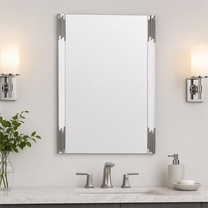 Pemberly Row Modern White & Stainless Steel Mirror with High Gloss Finish