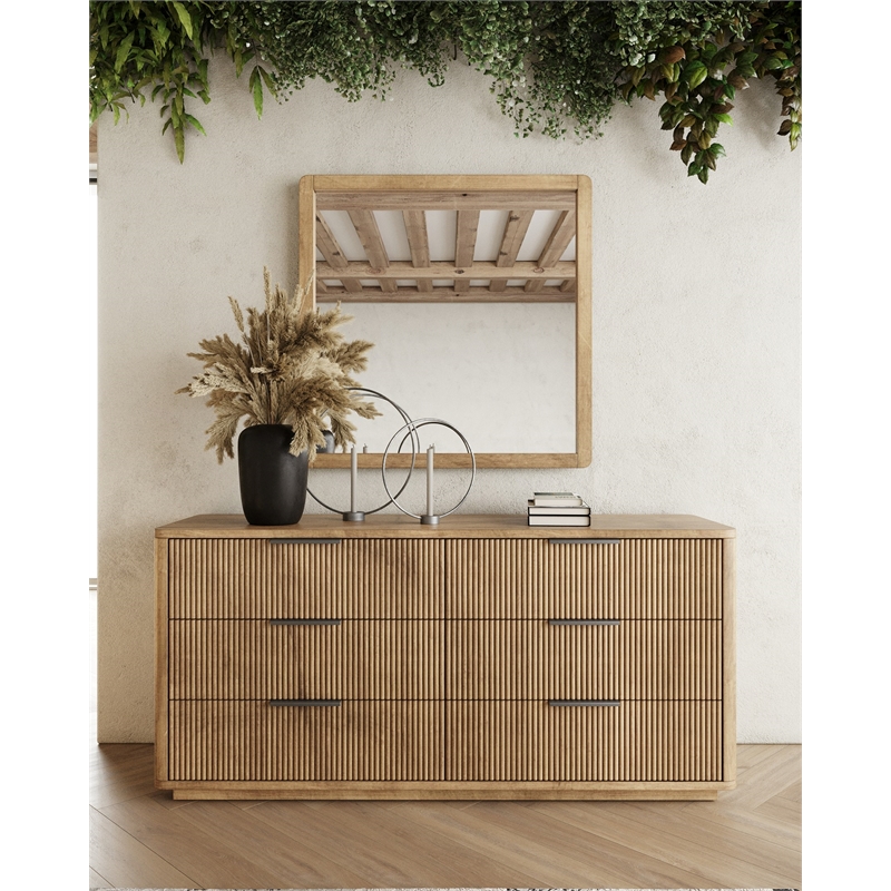 Pemberly Row Modern Natural Oak Square Mirror with Solid Frame