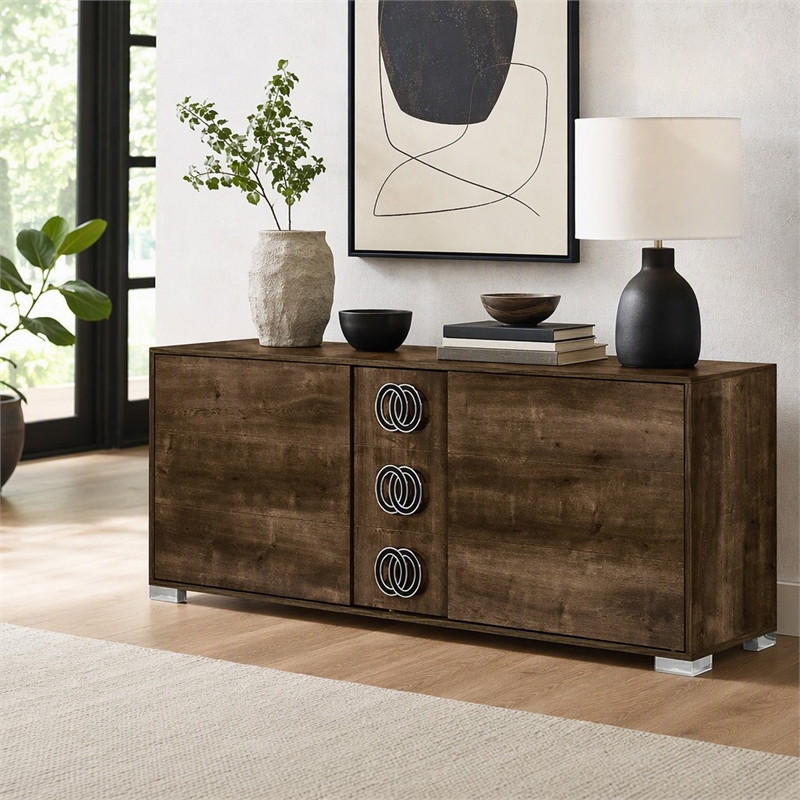 Pemberly Row Italian Modern High Gloss Dresser with Oak Finish