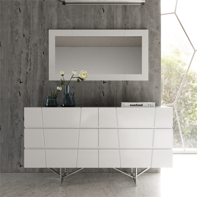 Pemberly Row Modern White High Gloss Dresser with 6 Drawers