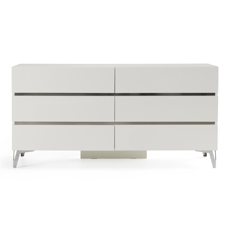 Pemberly Row Italian Modern White High Gloss Dresser with 6 Drawers