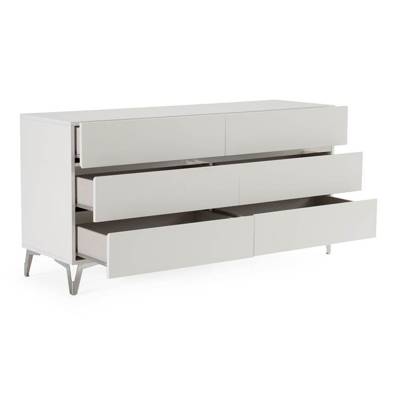 Pemberly Row Italian Modern White High Gloss Dresser with 6 Drawers