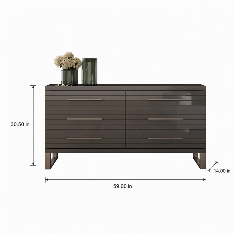 Pemberly Row Gray High Gloss Dresser with Gunmetal Slatted Drawer Design