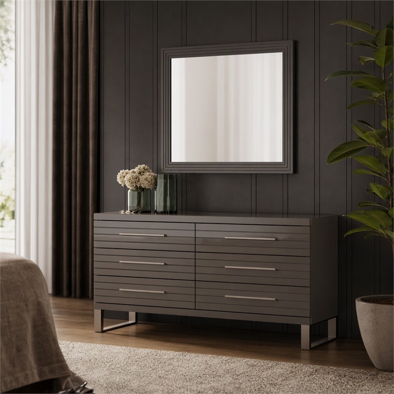 Pemberly Row Gray High Gloss Dresser with Gunmetal Slatted Drawer Design