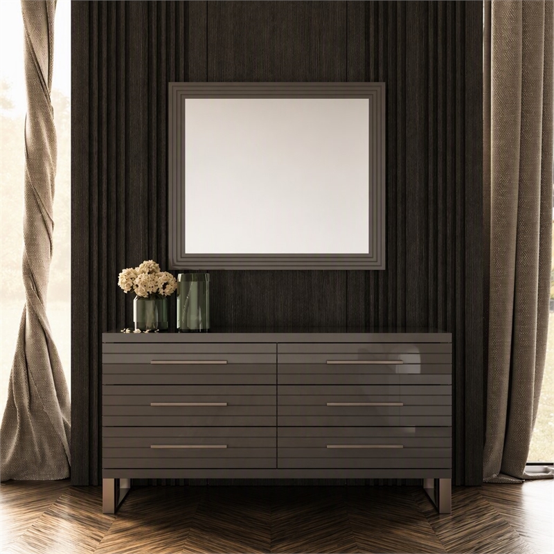Pemberly Row Gray High Gloss Dresser with Gunmetal Slatted Drawer Design