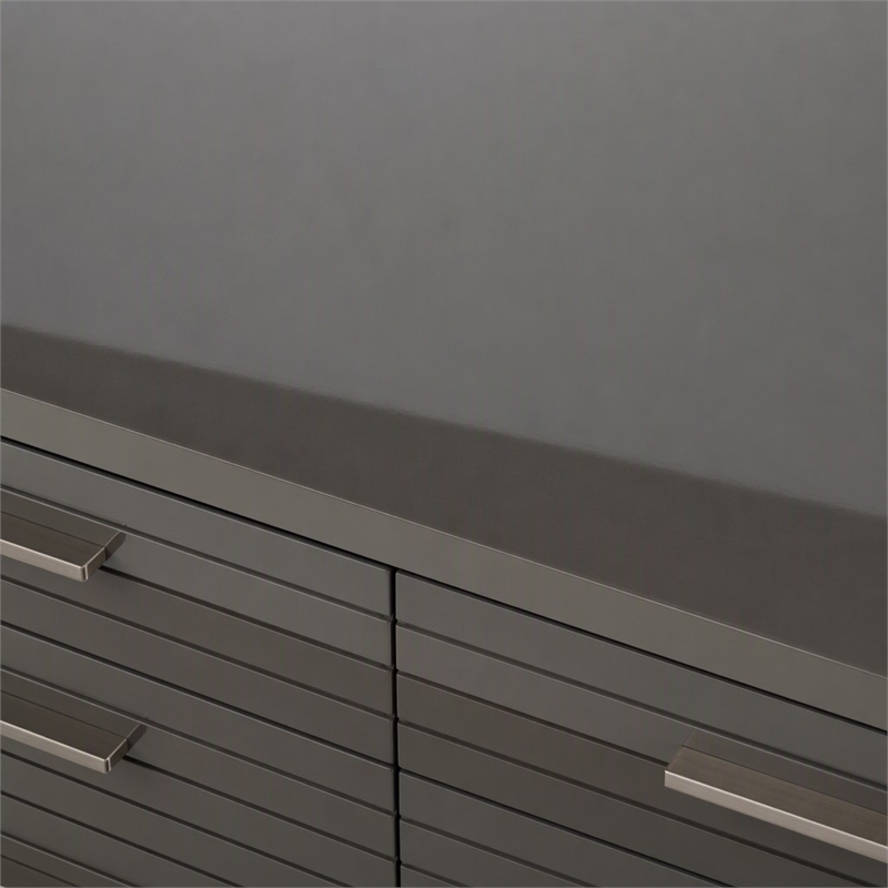 Pemberly Row Gray High Gloss Dresser with Gunmetal Slatted Drawer Design