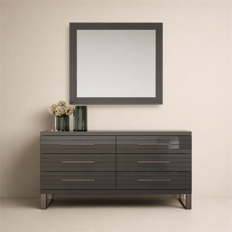 Pemberly Row Gray High Gloss Dresser with Gunmetal Slatted Drawer Design