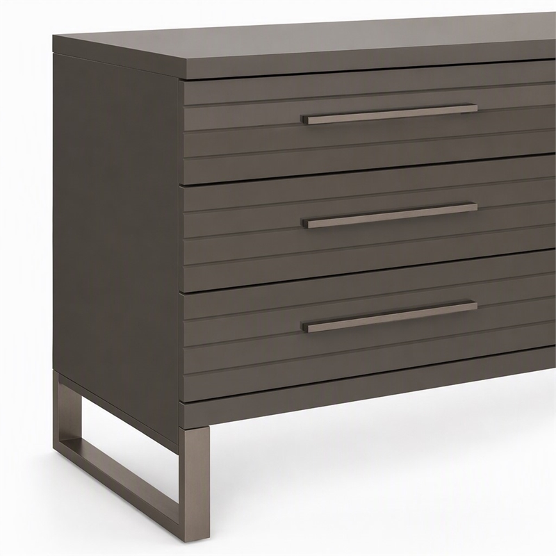 Pemberly Row Gray High Gloss Dresser with Gunmetal Slatted Drawer Design