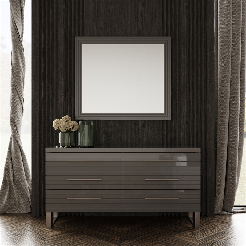 Pemberly Row Gray High Gloss Dresser with Gunmetal Slatted Drawer Design