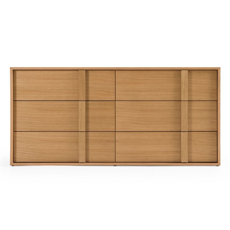 Pemberly Row Modern Oak Dresser with 6 Integrated Wood Pull Drawers