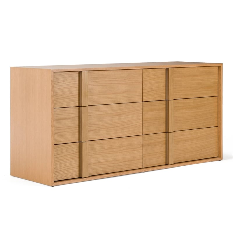 Pemberly Row Modern Oak Dresser with 6 Integrated Wood Pull Drawers