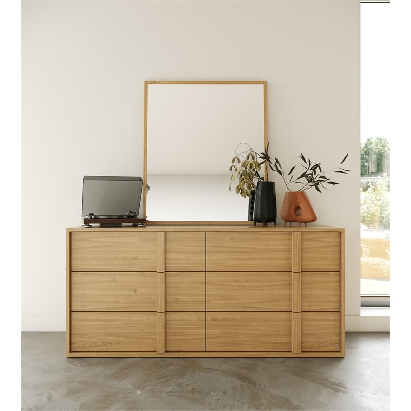Pemberly Row Modern Oak Dresser with 6 Integrated Wood Pull Drawers