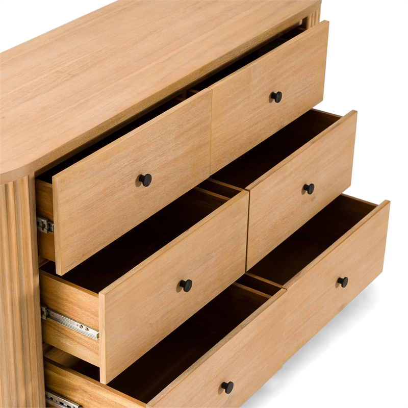 Pemberly Row Modern Acacia Dresser with 6 Drawers and Matte Black Handles