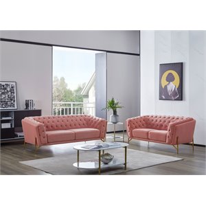 Pemberly Row Diamond Tufted Velvet Sofa with Metal Legs in Salmon Pink