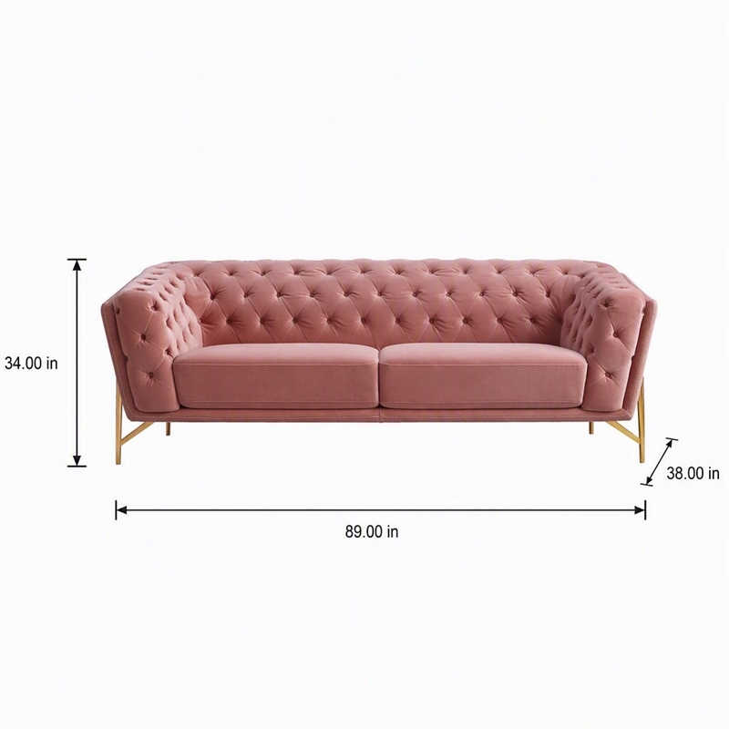 Pemberly Row Diamond Tufted Velvet Sofa with Metal Legs in Salmon Pink