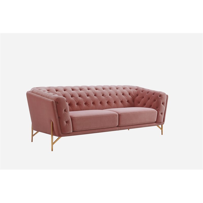 Pemberly Row Diamond Tufted Velvet Sofa with Metal Legs in Salmon Pink