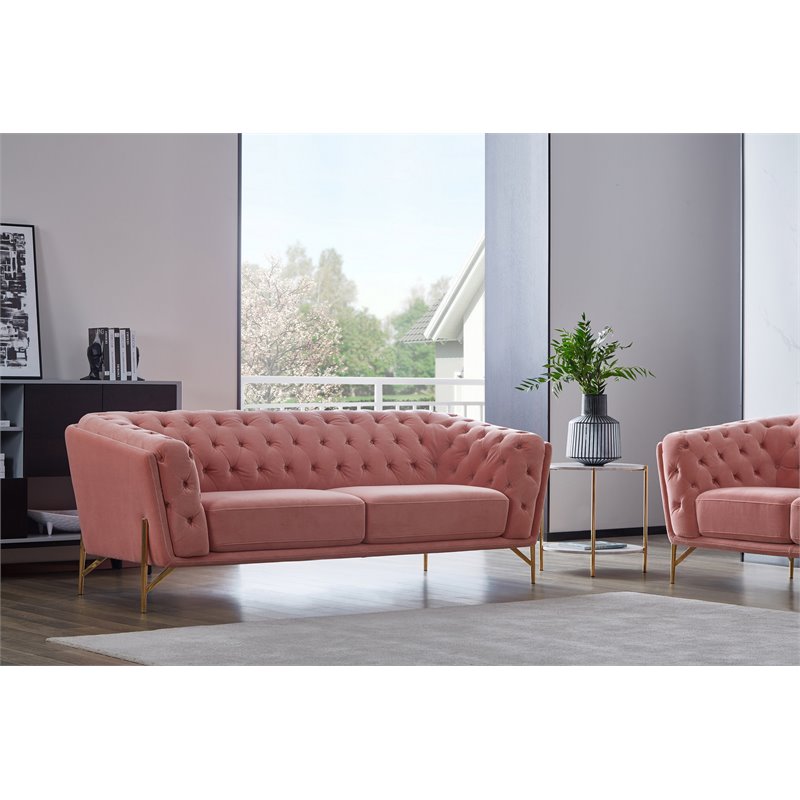 Pemberly Row Diamond Tufted Velvet Sofa with Metal Legs in Salmon Pink