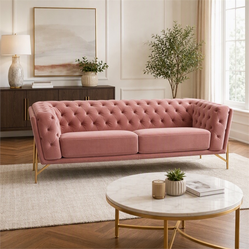 Pemberly Row Diamond Tufted Velvet Sofa with Metal Legs in Salmon Pink