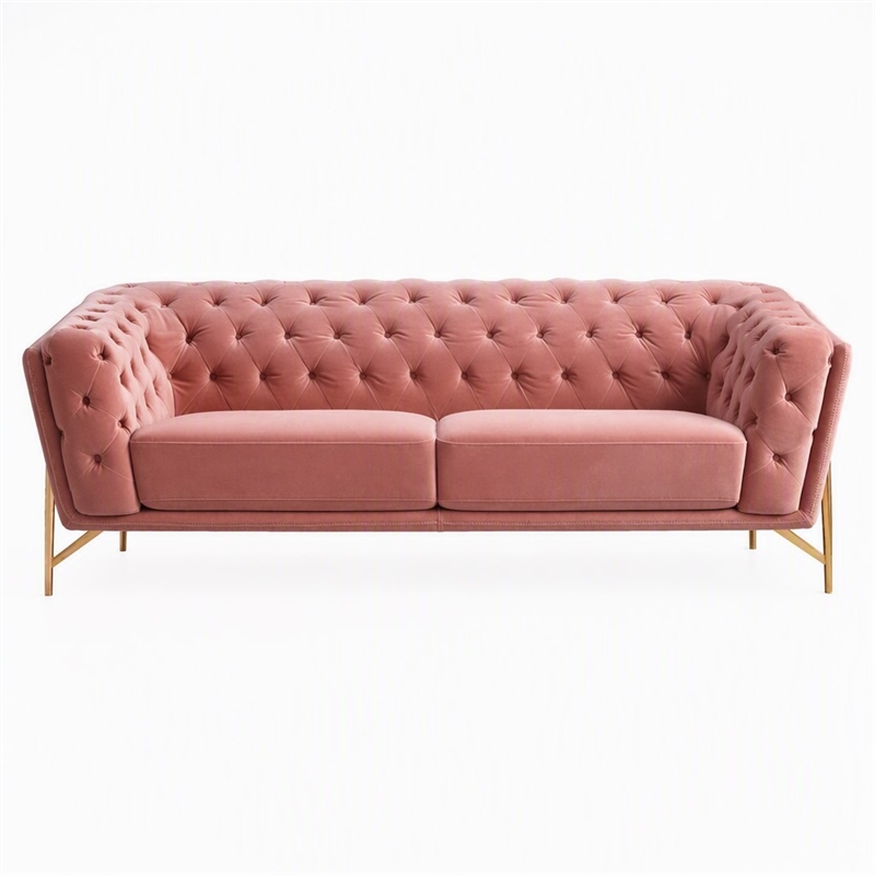 Pemberly Row Diamond Tufted Velvet Sofa with Metal Legs in Salmon Pink