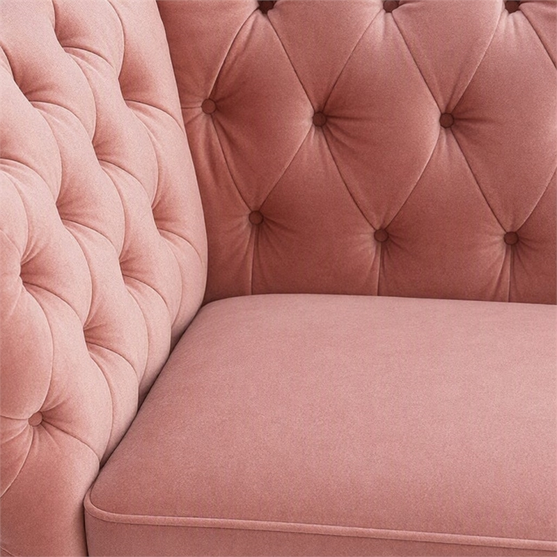 Pemberly Row Diamond Tufted Velvet Sofa with Metal Legs in Salmon Pink