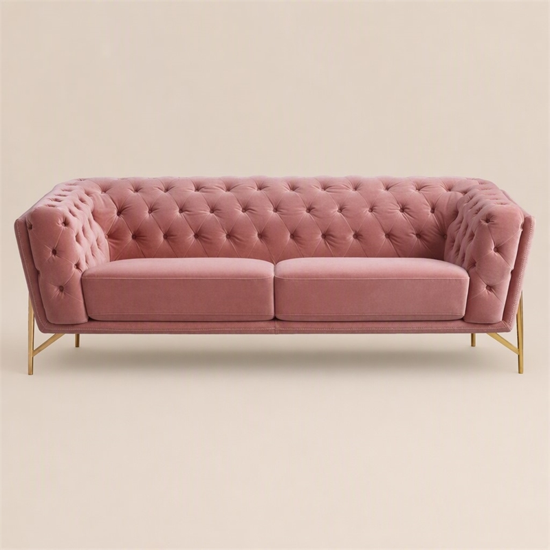 Pemberly Row Diamond Tufted Velvet Sofa with Metal Legs in Salmon Pink
