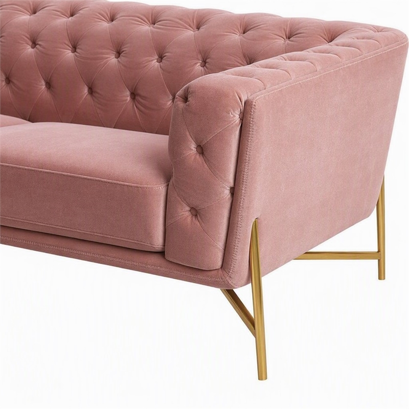 Pemberly Row Diamond Tufted Velvet Sofa with Metal Legs in Salmon Pink