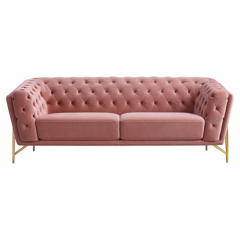 Pemberly Row Diamond Tufted Velvet Sofa with Metal Legs in Salmon Pink
