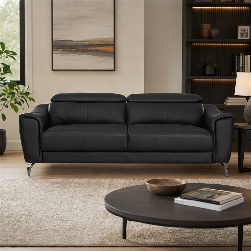 Pemberly Row Adjustable Headrest Modern Metal and Leather Sofa in Black