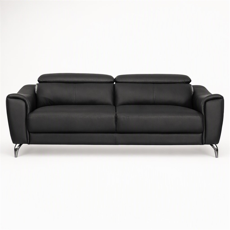 Pemberly Row Adjustable Headrest Modern Metal and Leather Sofa in Black