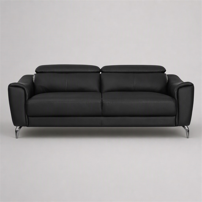 Pemberly Row Adjustable Headrest Modern Metal and Leather Sofa in Black