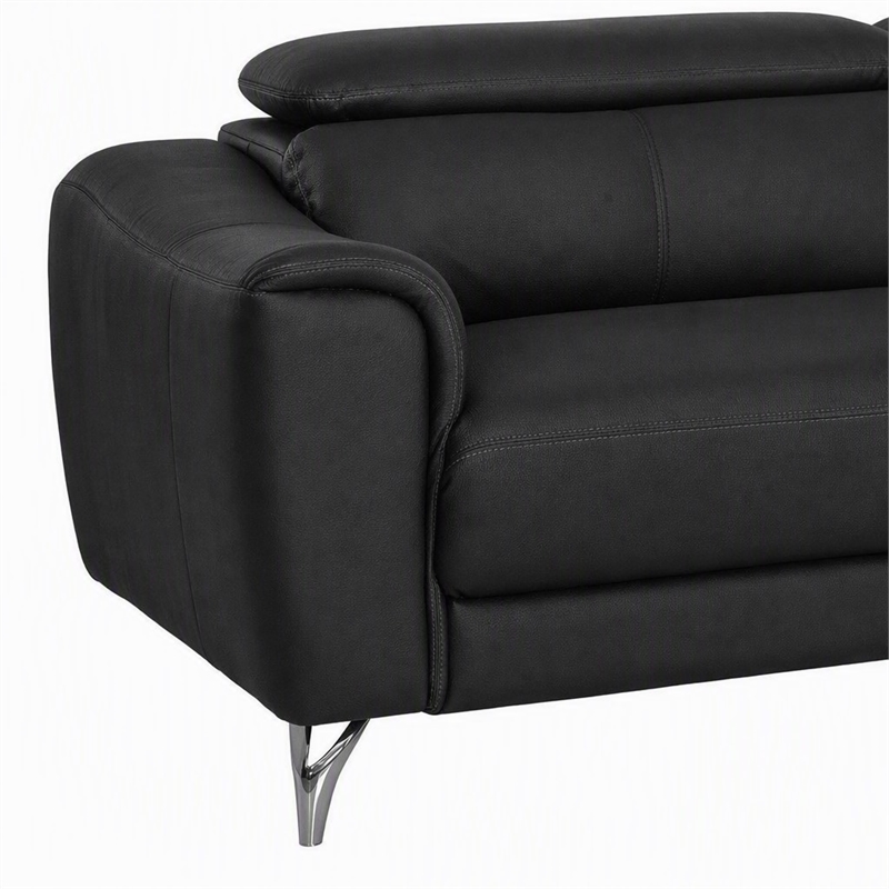 Pemberly Row Adjustable Headrest Modern Metal and Leather Sofa in Black