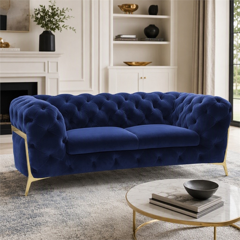 Pemberly Row Transitional Blue Velour Loveseat with Gold Metal Legs