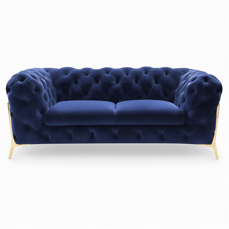 Pemberly Row Transitional Blue Velour Loveseat with Gold Metal Legs