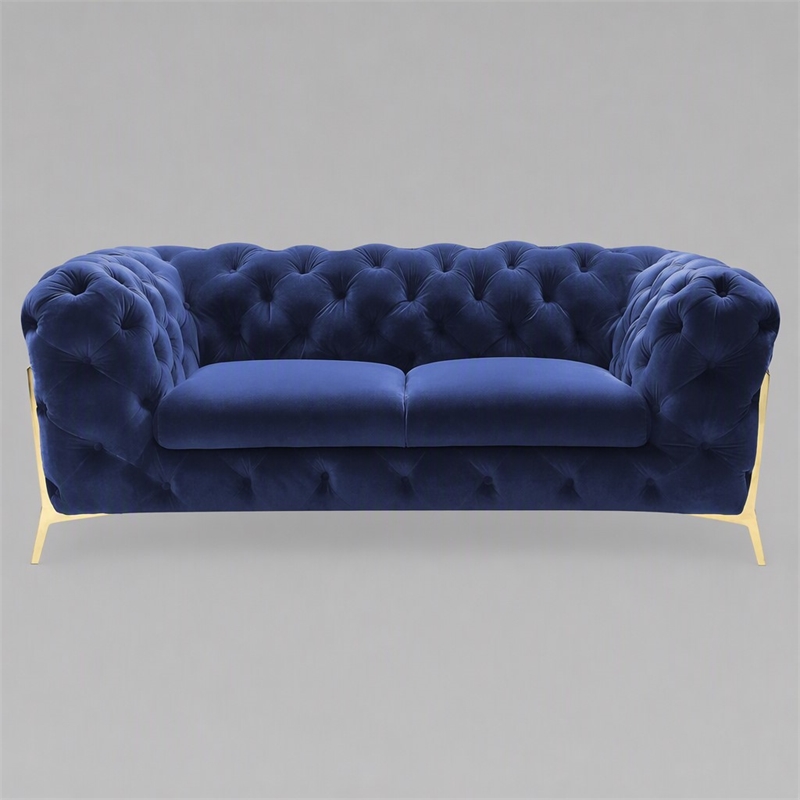 Pemberly Row Transitional Blue Velour Loveseat with Gold Metal Legs