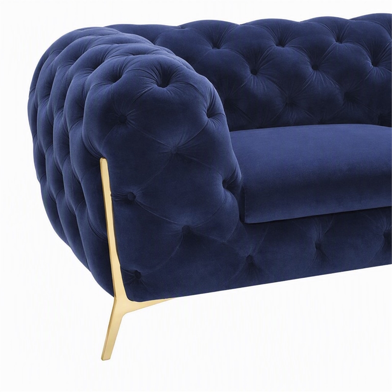 Pemberly Row Transitional Blue Velour Loveseat with Gold Metal Legs