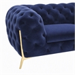 Pemberly Row Transitional Blue Velour Loveseat with Gold Metal Legs