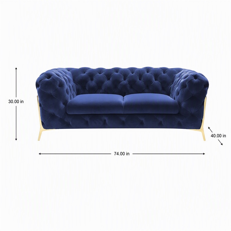 Pemberly Row Transitional Blue Velour Loveseat with Gold Metal Legs