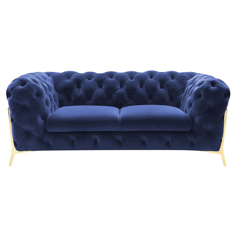 Pemberly Row Transitional Blue Velour Loveseat with Gold Metal Legs