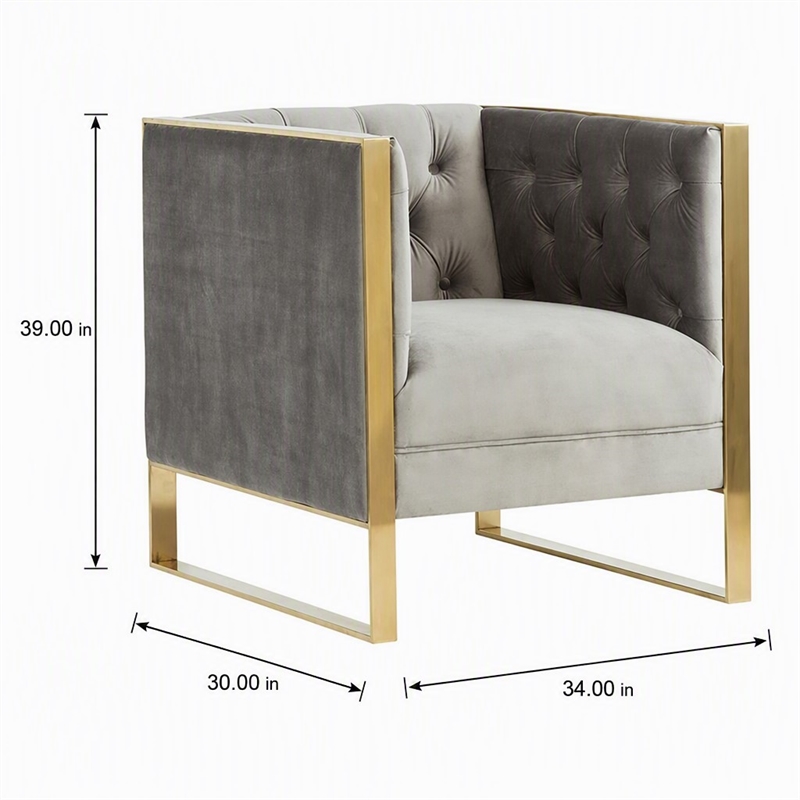 Pemberly Row Modern Velvet & Stainless Steel Accent Chair in Gray