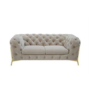 Pemberly Row Transitional Velvet Loveseat in Beige with Tufted Design
