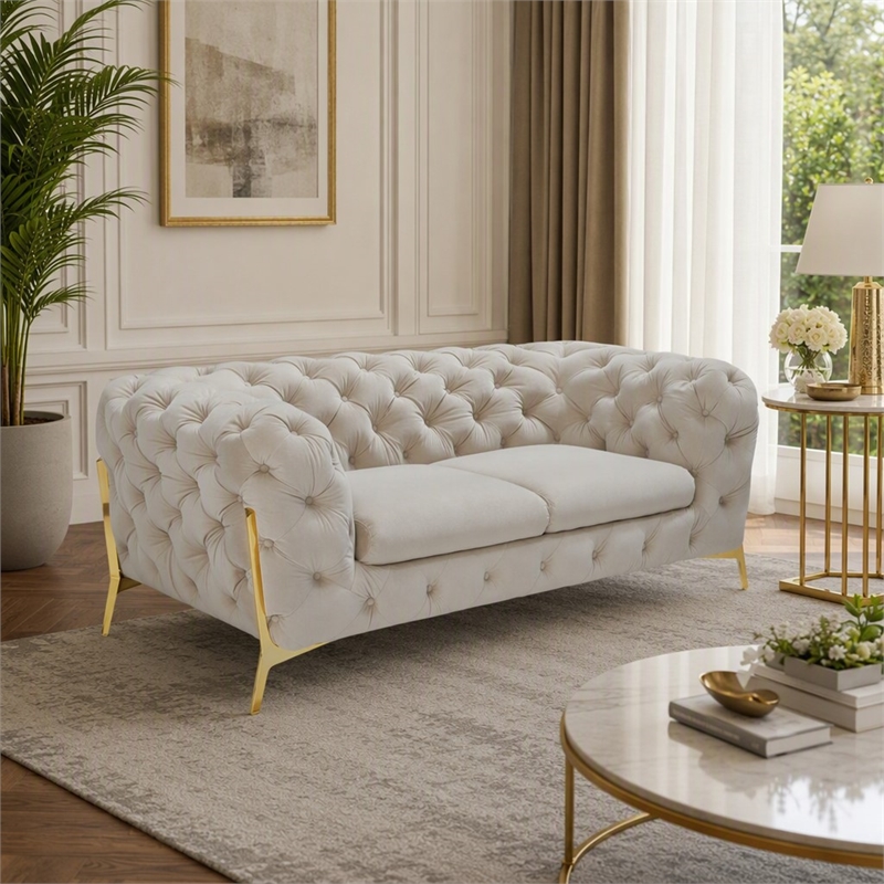 Pemberly Row Transitional Velvet Loveseat in Beige with Tufted Design