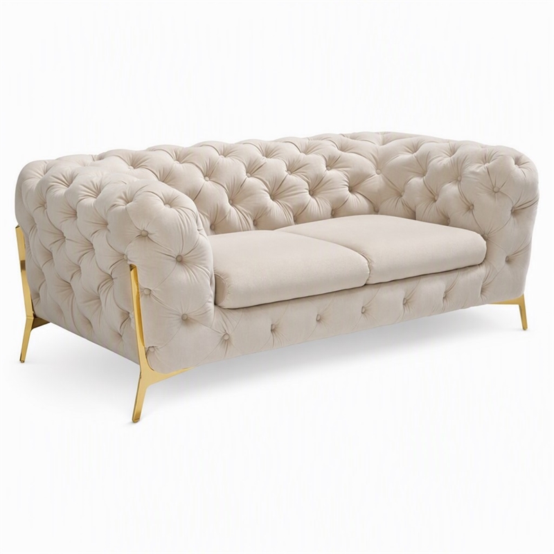 Pemberly Row Transitional Velvet Loveseat in Beige with Tufted Design
