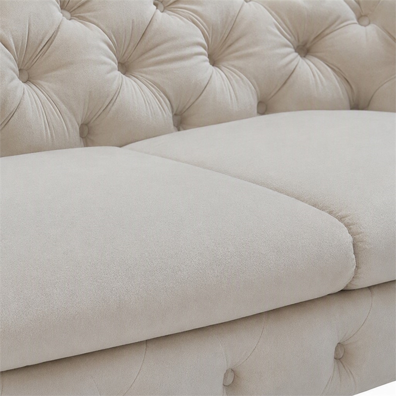 Pemberly Row Transitional Velvet Loveseat in Beige with Tufted Design