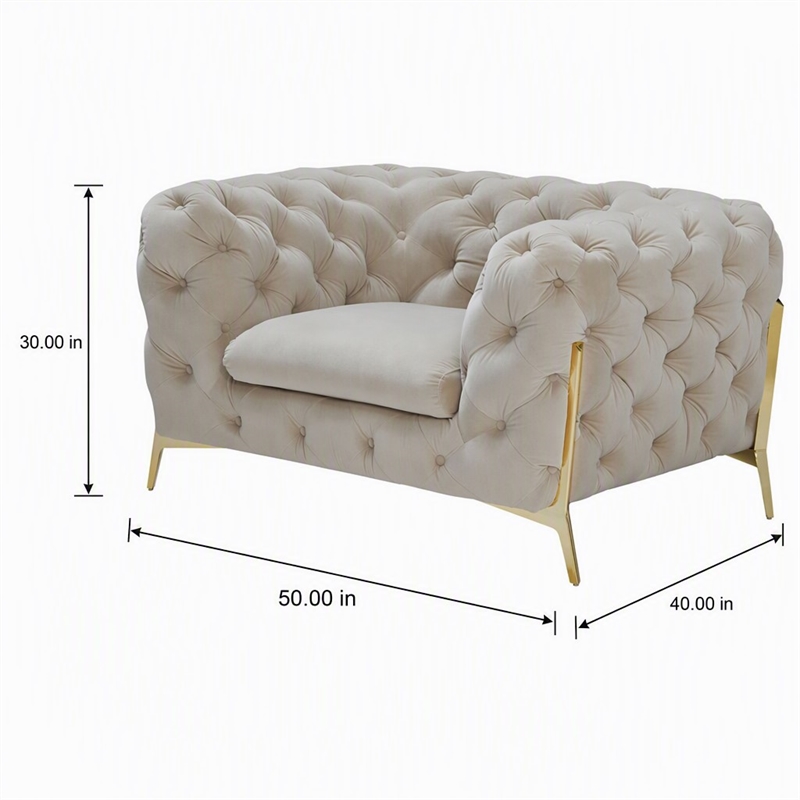 Pemberly Row Velvet Accent Chair in Beige with Tufted Design and Gold Legs